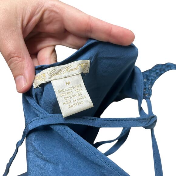 Boho Luxe Fringe Tunic Dress Gold Hawk Blue Silk‎ Crochet Festival Size M - Picture 6 of 7